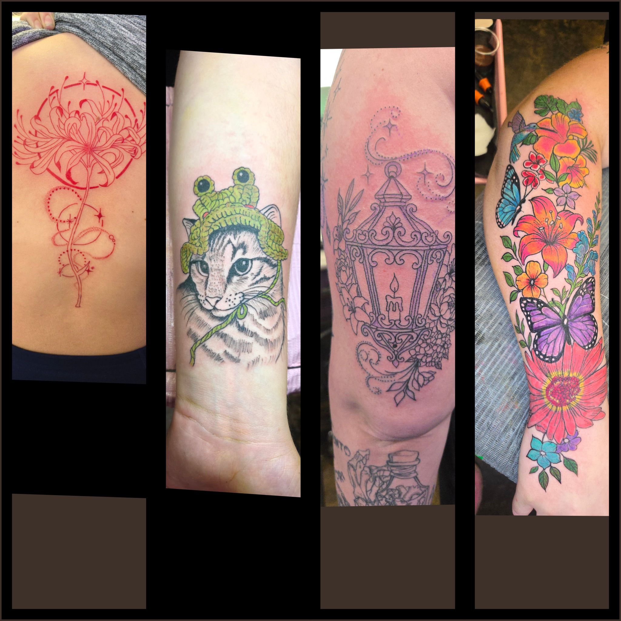 Featured tattoo pieces - spider lily, cat portrait, lantern, floral sleeve
